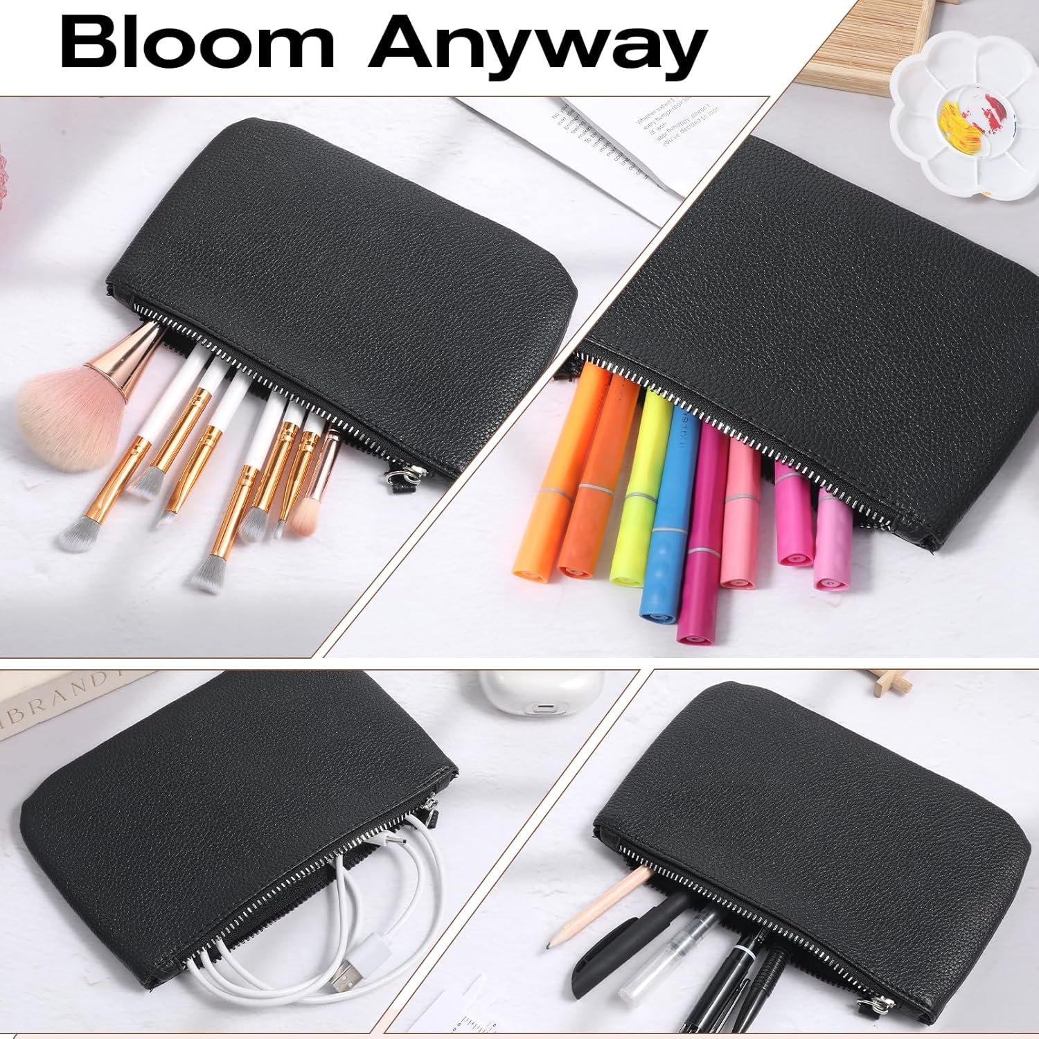 Private Label 2 Pack Black Faux Leather Cosmetic Bags with Custom Logo Soft PU Leather Makeup Pouch Portable Zipper Travel Organizer for Women Purse Cosmetics Supplier