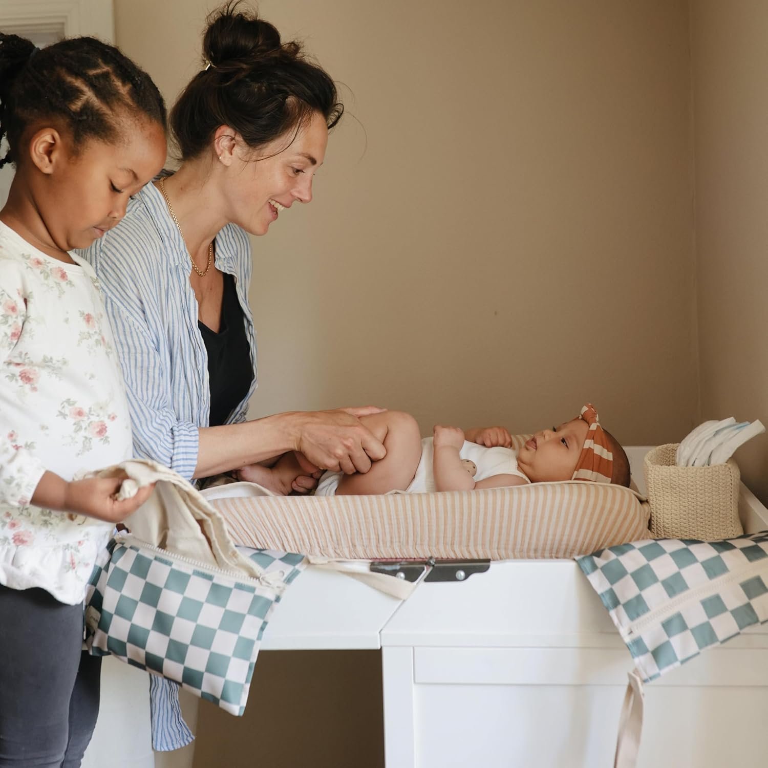 Private Label Water Resistant Wet Bags | Large & Small Reusable Storage Bag for Baby Items and Travel | Custom Logo Zippered Pockets with Handle | Machine Washable Set of 2 from Manufacturer (Olive Check)