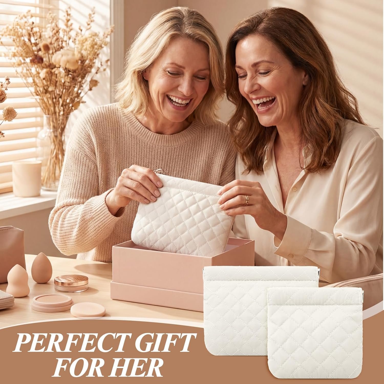 Manufacturer 2 Pcs Small Puffy Pocket Makeup Bag Quilted Cosmetic Bag Organizer for Women Custom Logo Padded Squeeze Coin Lipstick Purse Pouch Travel Self-Closing Snap Closure No Zipper Private Label White