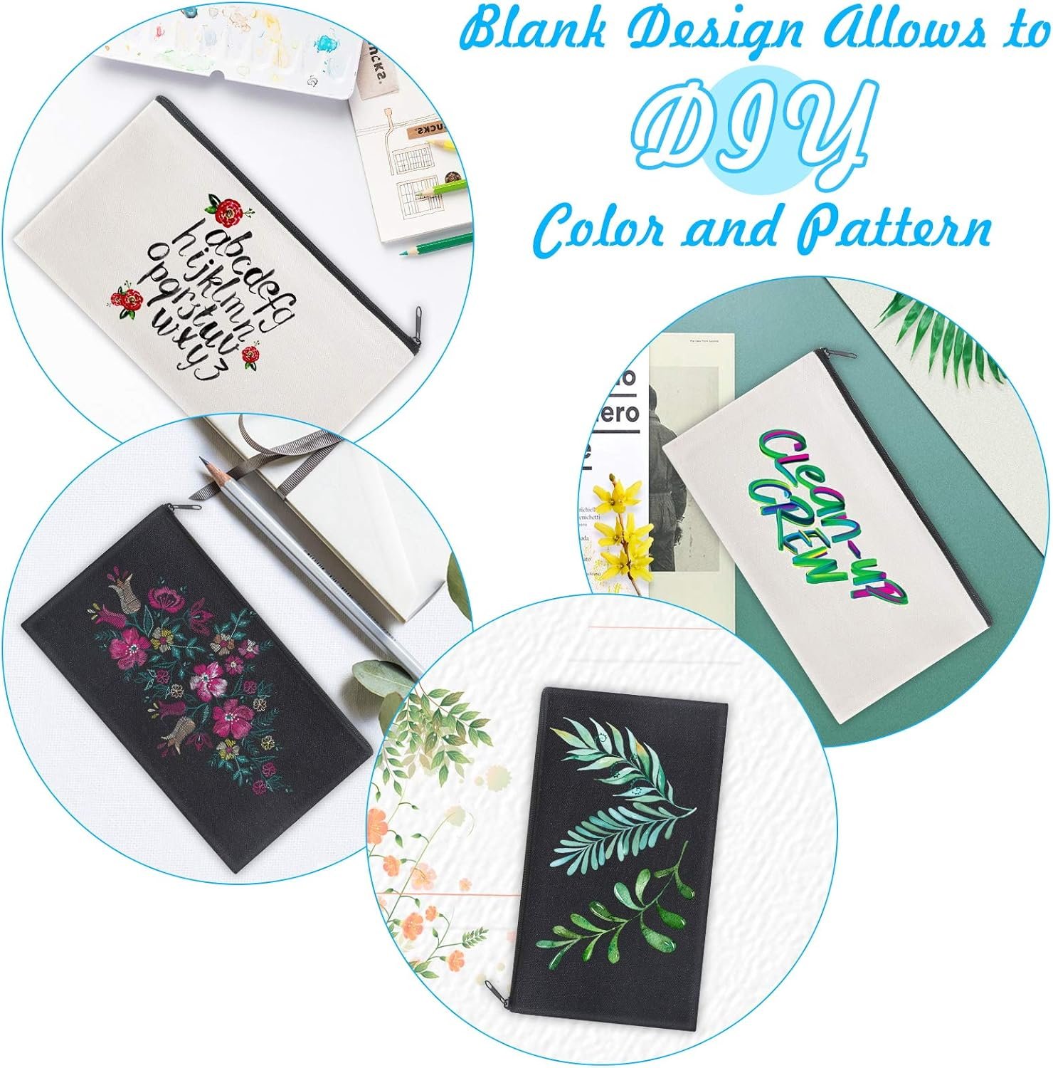 Custom Logo 12 Pieces Black Cotton Canvas Makeup Bags Private Label Multipurpose Zipper Travel Toiletry Pouches Blank DIY Craft Manufacturer (Black, M)