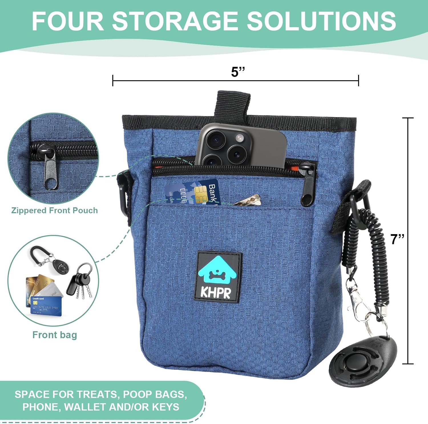 Private Label Dog Treat Pouch with Magnetic Closure Training Clicker Hands-Free Spill-Proof Design Built-in Poop Bag Dispenser Custom Logo 3 Ways to Wear Metal Clip Waist Belt Fanny Pack for Pet Walking by Manufacturer (Blue)