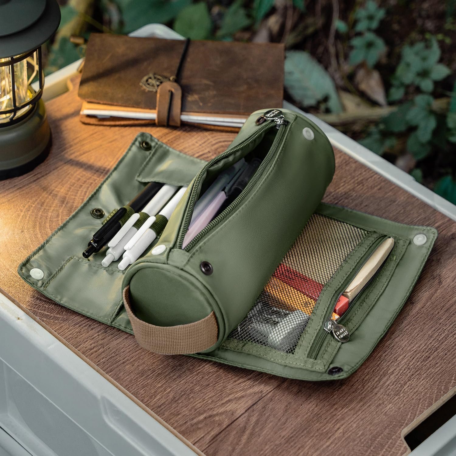 Private Label Large Capacity Pencil Case Roll Up Design Custom Logo Multifunctional Pencil Holder Pouch Stationery Pen Bag Manufacturer for Teen Girls and Boys Camping Style Green