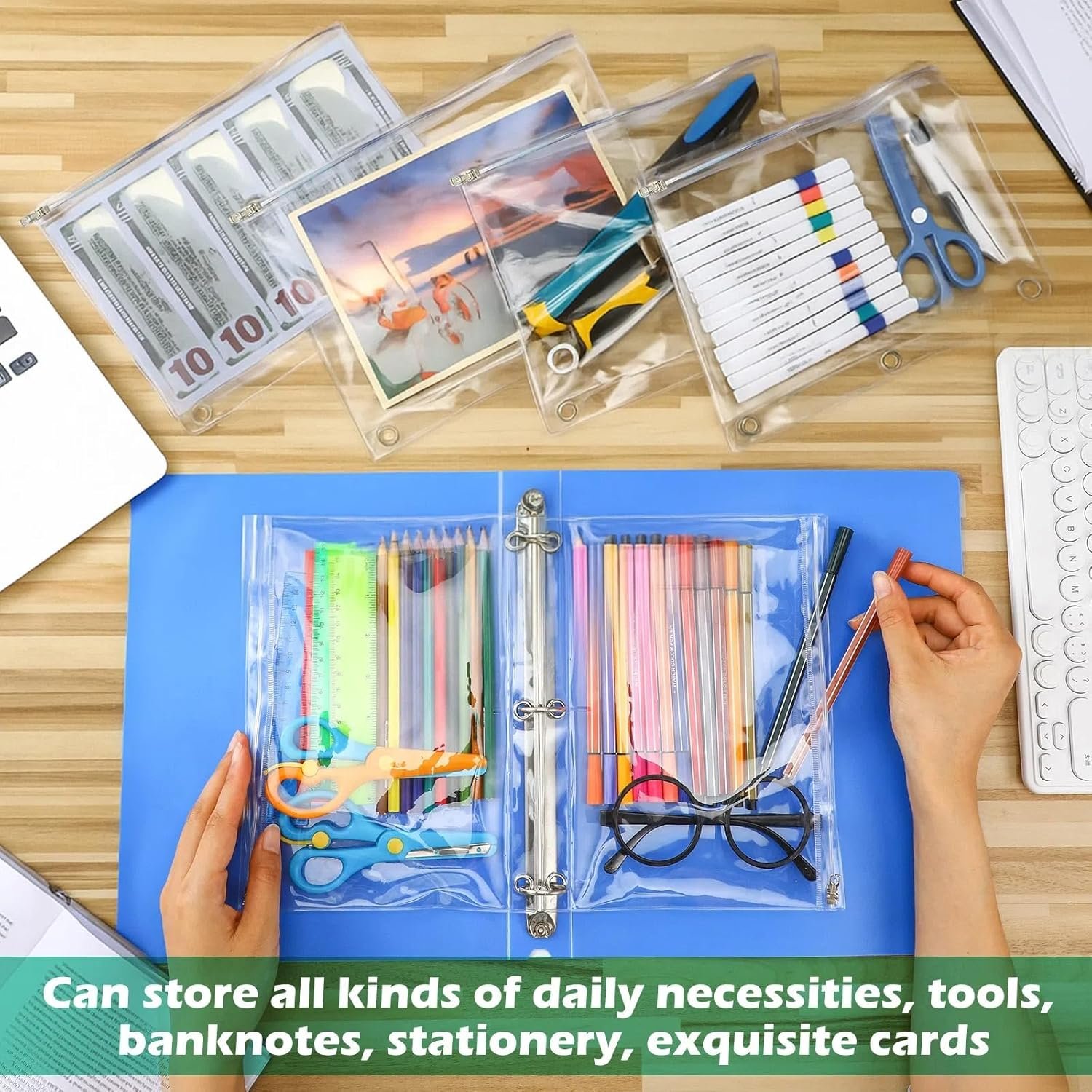 Custom Logo 24 Pack Clear Zipper Pencil Pouch for 3 Ring Binder Private Label 10 x 7'' Pocket Insert Visible Cash Envelope Bag with Reinforced Grommet for Office Manufacturer