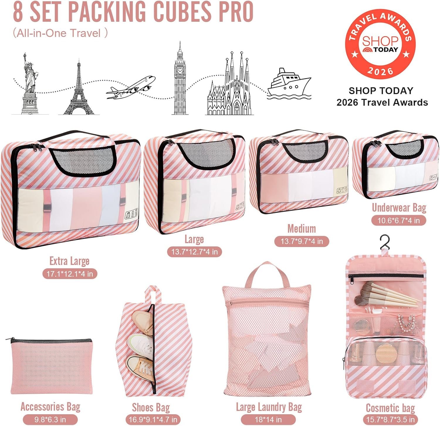 Private Label 8 Set Packing Cubes for Travel Essentials Suitcase Organizer Bags in 4 Sizes Custom Logo Carry-On Luggage Accessories with Large Laundry & Hanging Toiletry Bag for Airplane Road Trip & Camping Manufacturer