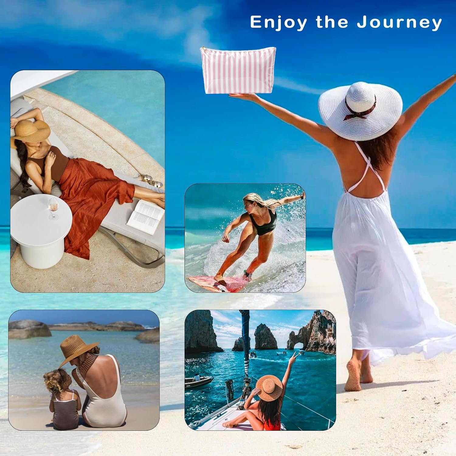 Private Label Large PVC Waterproof Striped Makeup Bag Custom Logo Clear Coated Cosmetic Organizer Easy Clean Zipper Pouch Beach Vacation Essentials Manufacturer Pink Stripe for Women Girls