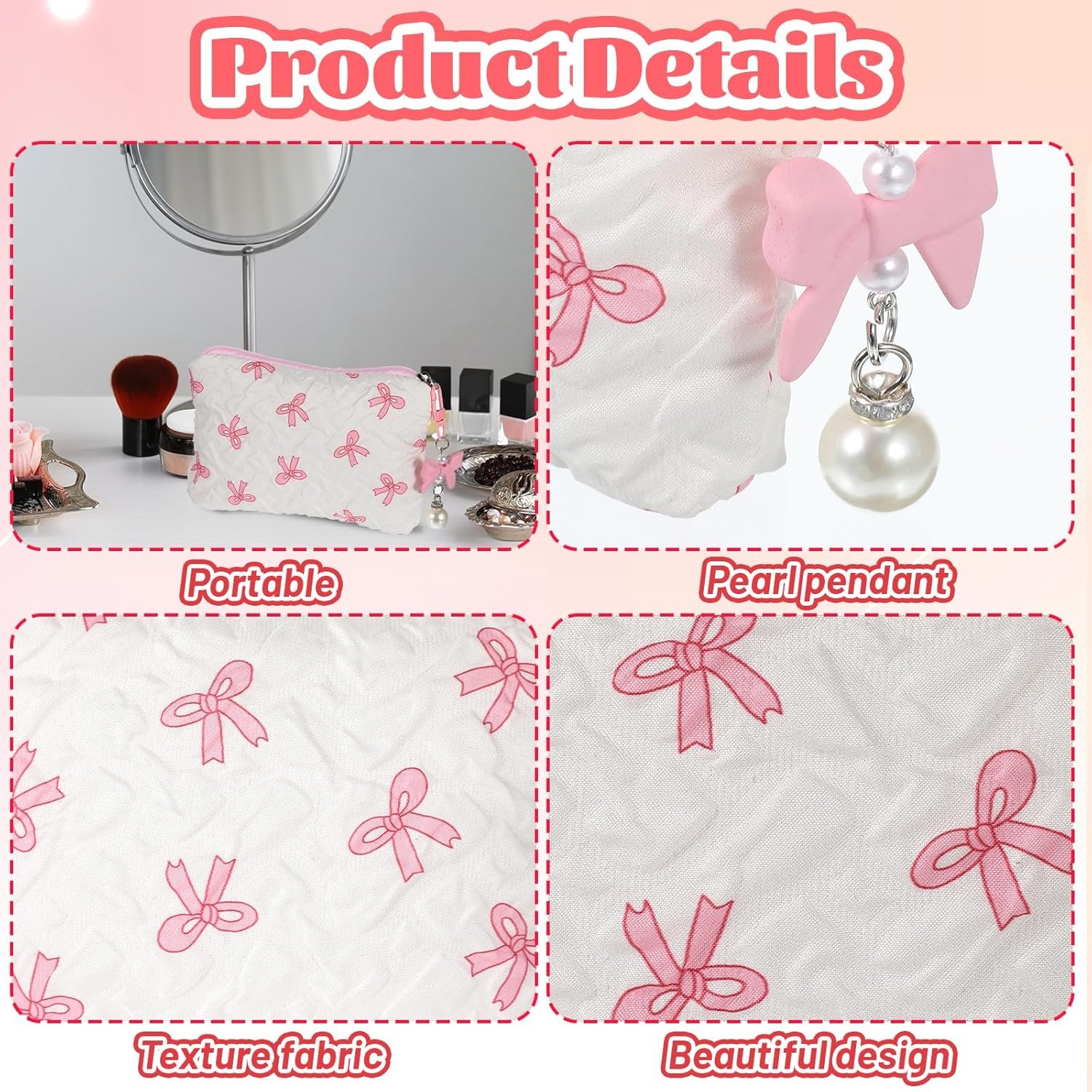 Private Label Small Makeup Bag for Handbag 5.51 x 3.94 Inches Cute Cosmetic Zipper Pouch Mini Wallet with Custom Logo Pleated Embossed Texture Pink & Black Manufacturer