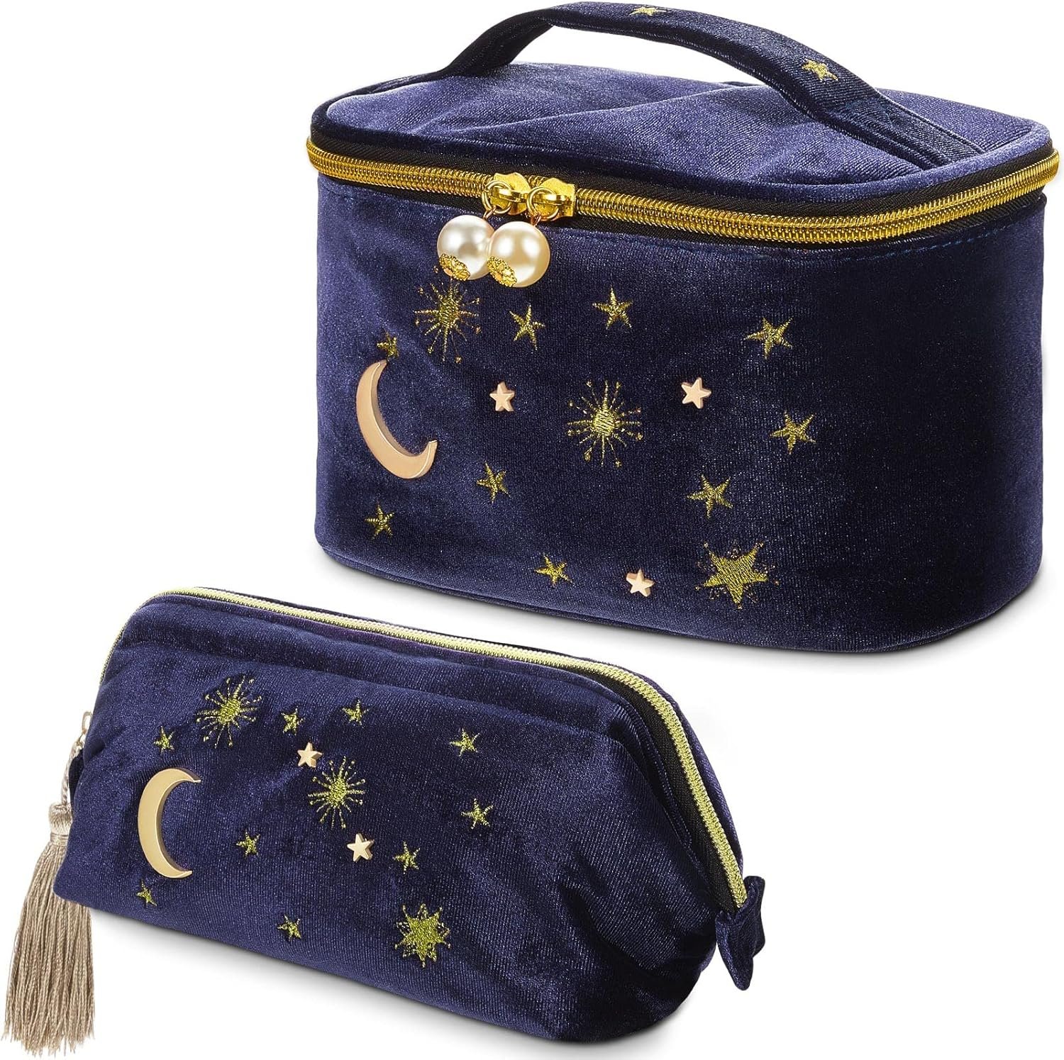 Private Label 2 Pcs Navy Blue Velvet Makeup Bags Moon Stars Goth Embroidered Cosmetic Pouches Custom Logo Portable Travel Starry Toiletry Wash Storage Clutch Manufacturer