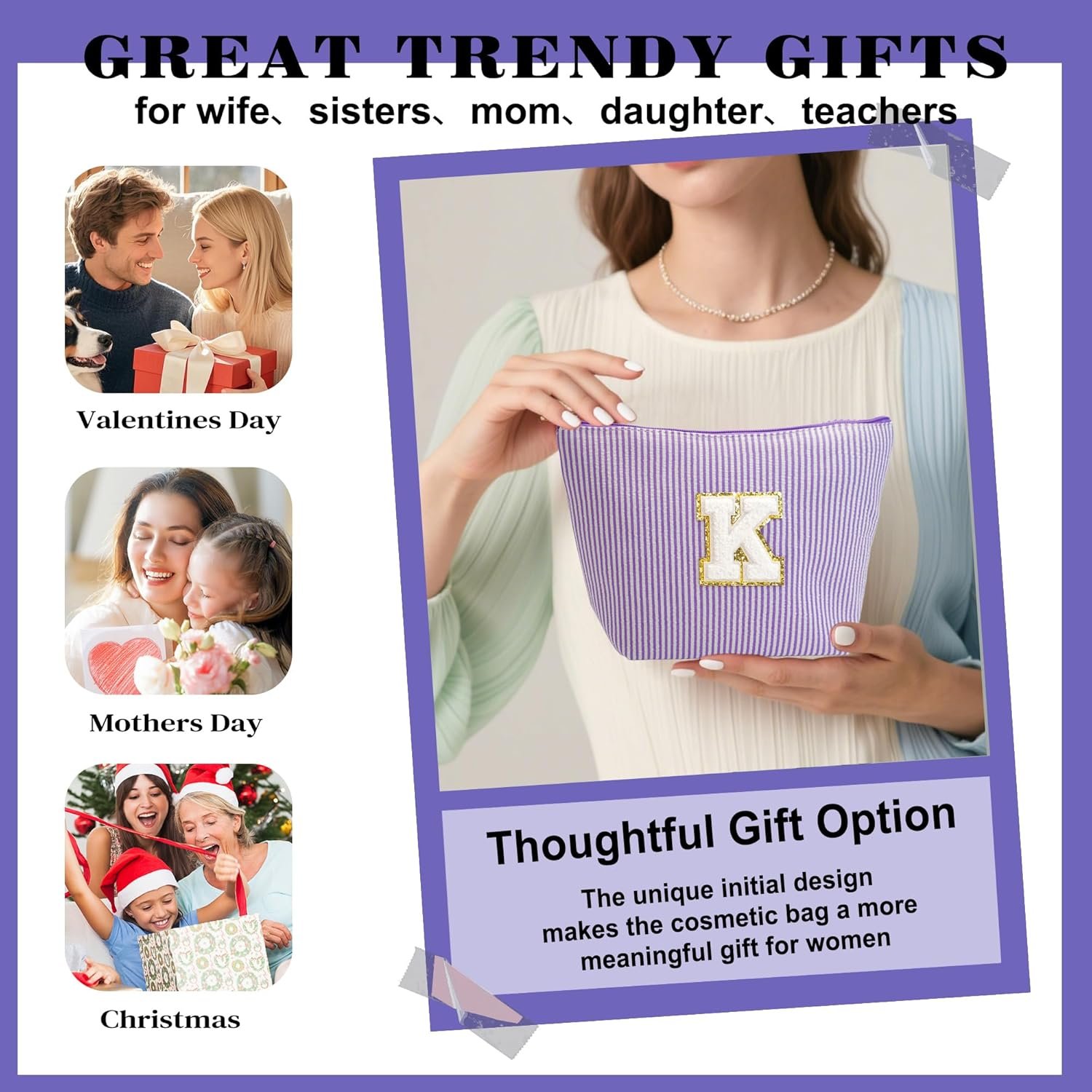 Private Label Initial Cosmetic Bag Set Custom Logo Travel Makeup Pouch with Zipper Purple Letter M Manufacturer