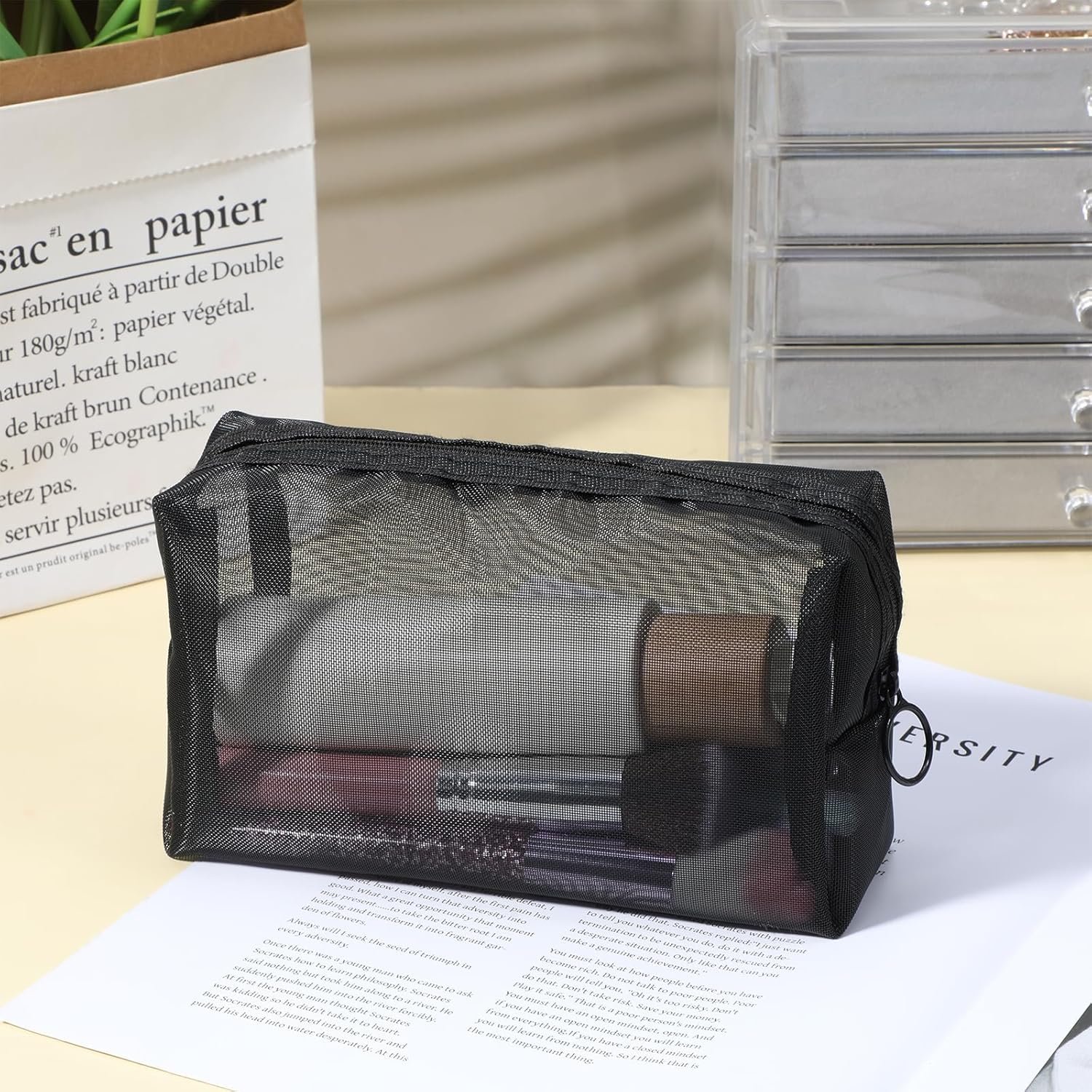 Private Label Mesh Makeup Bags Portable Zipper Nylon Cosmetic Pouch Lightweight Home Office Travel Accessories Custom Logo Black Square Manufacturer