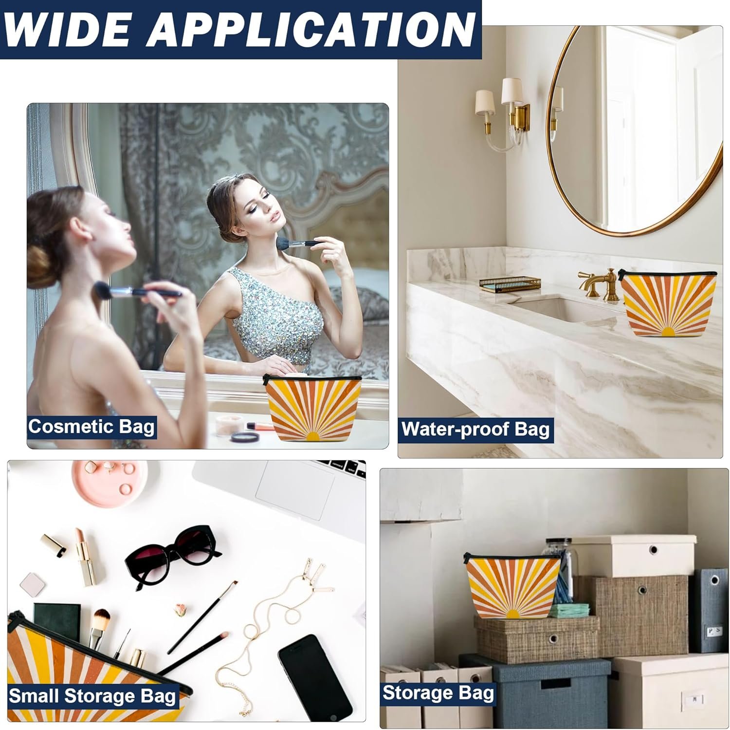 Private Label Makeup Bag for Purse Waterproof Funny Vintage Boho Sun Cosmetic for Women Custom Logo Zipper Travel Toiletry Pouch Grunge Sunburst Gift Manufacturer 9.5×5.9 Inch