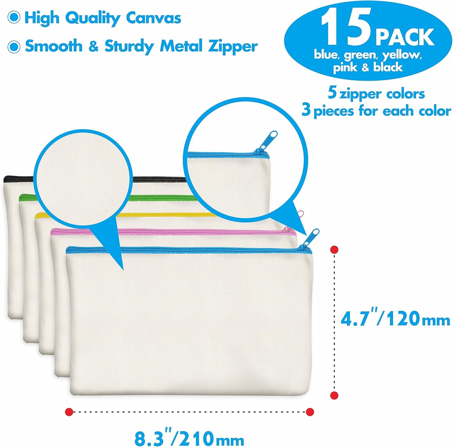 Private Label 15 Pack Blank Cotton Canvas Zipper Pouches with Custom Logo DIY Craft Pencil Cases for Makeup Cosmetic Toiletry Stationery Storage Manufacturer