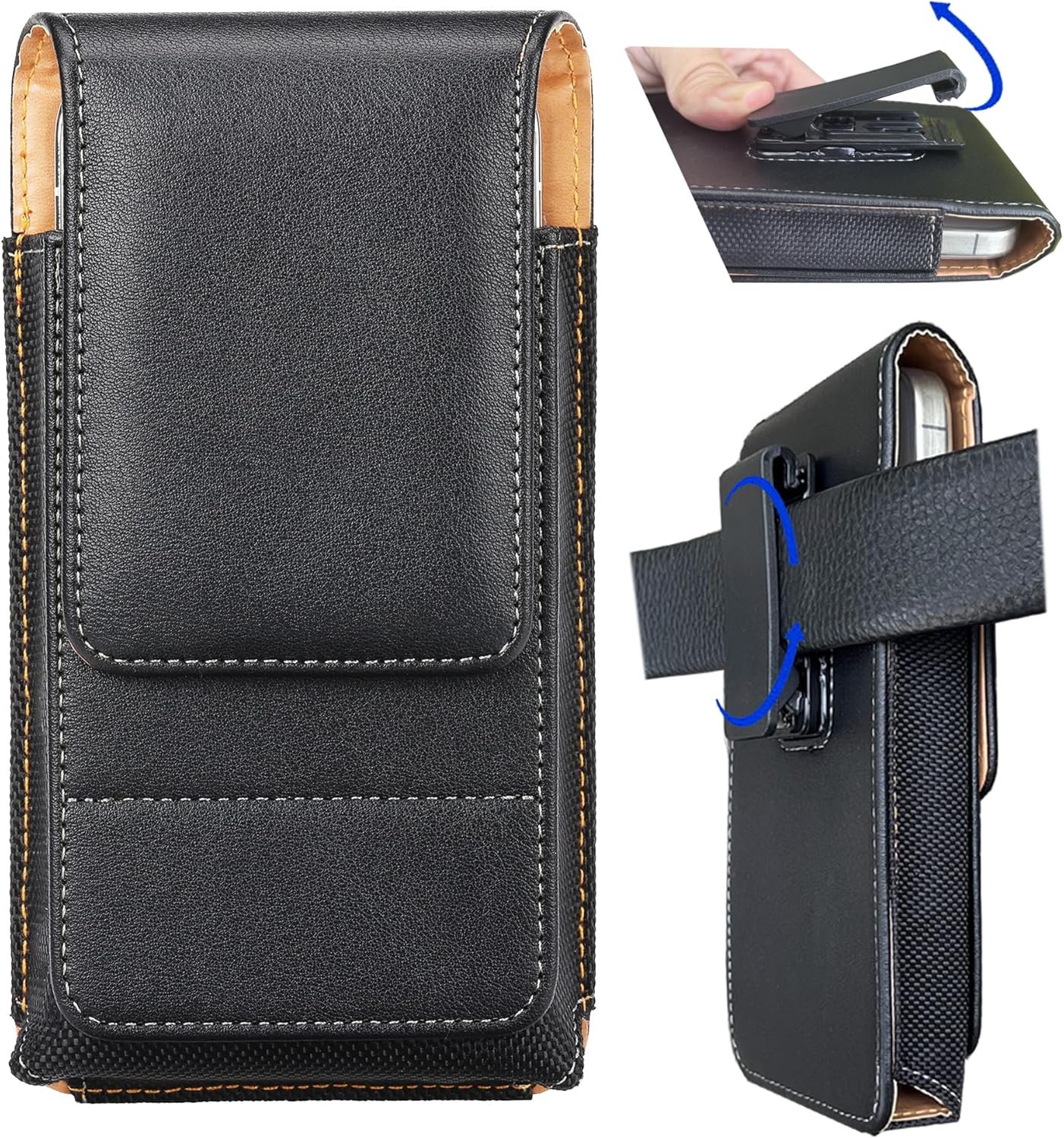 Private Label 360 Rotating Phone Holster Pouch with Belt Clip Custom Logo Phone Holder for iPhone 16 Pro Max 16 Plus 15 14 Pro Max Plus Galaxy S25 Ultra S25+ S24 FE Manufacturer PU Leather Carrying Case for Men Belt