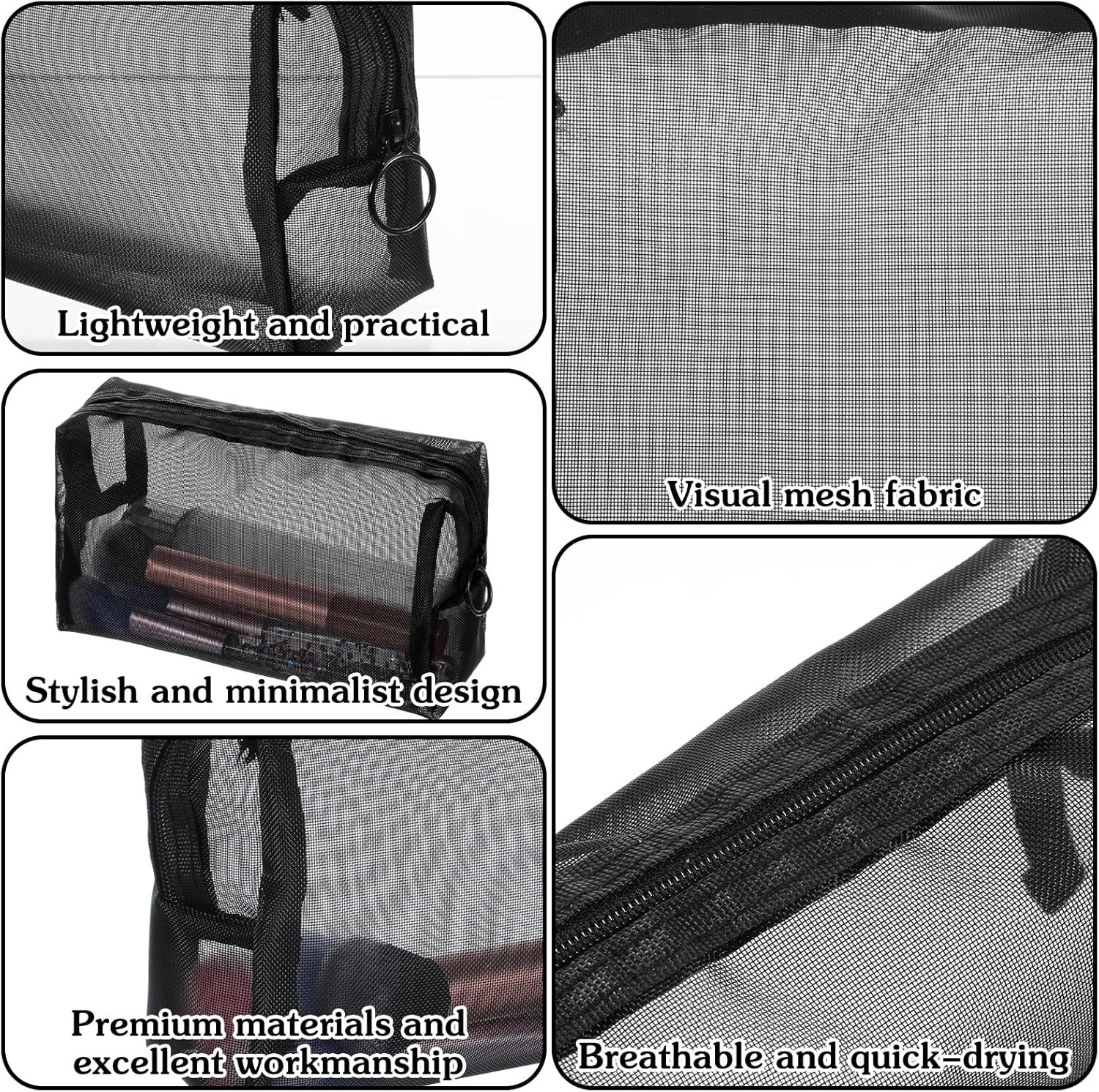 Private Label Mesh Makeup Bags Portable Zipper Nylon Cosmetic Pouch Lightweight Home Office Travel Accessories Custom Logo Black Square Manufacturer