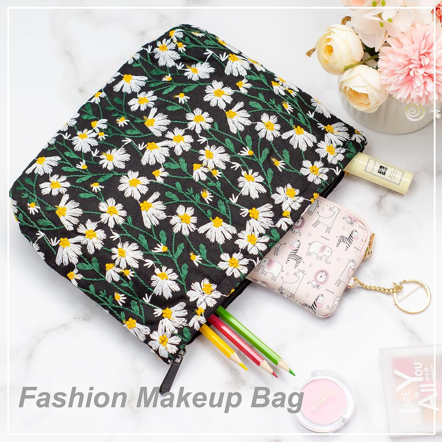 Private Label Large Canvas Makeup Bags Zipper Cosmetic Travel Pouch Custom Logo Organizer Manufacturer for Women and Girls Daisy Black