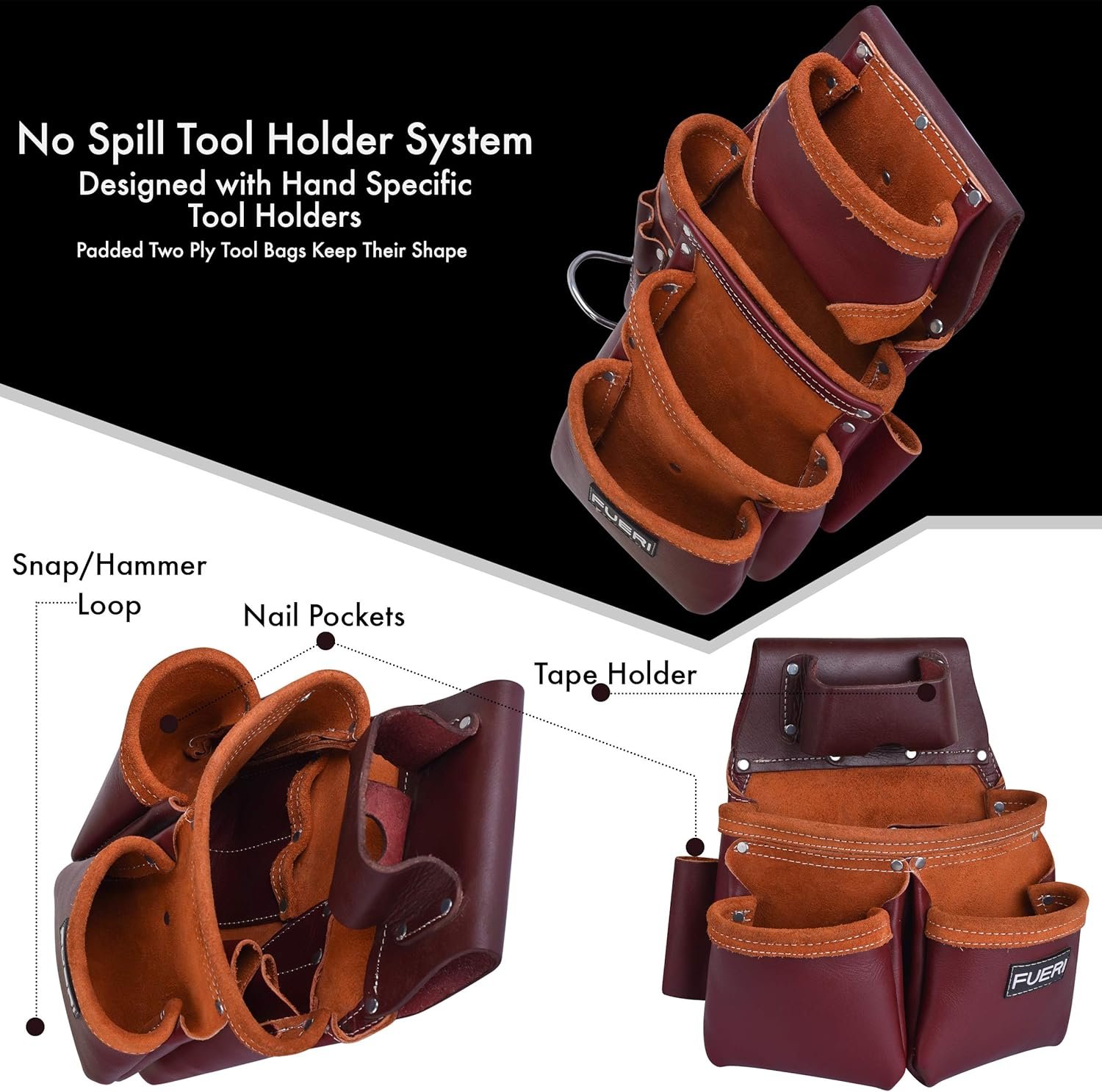 Private Label Heavy-Duty Leather Tool Belts for Men Carpenter Tool Rig Organizer With 19 Pockets-2 Pouches From Supplier Double Hammer Holder Suspender Loops Foam-Padded Belt for Framers Electricians Custom Logo