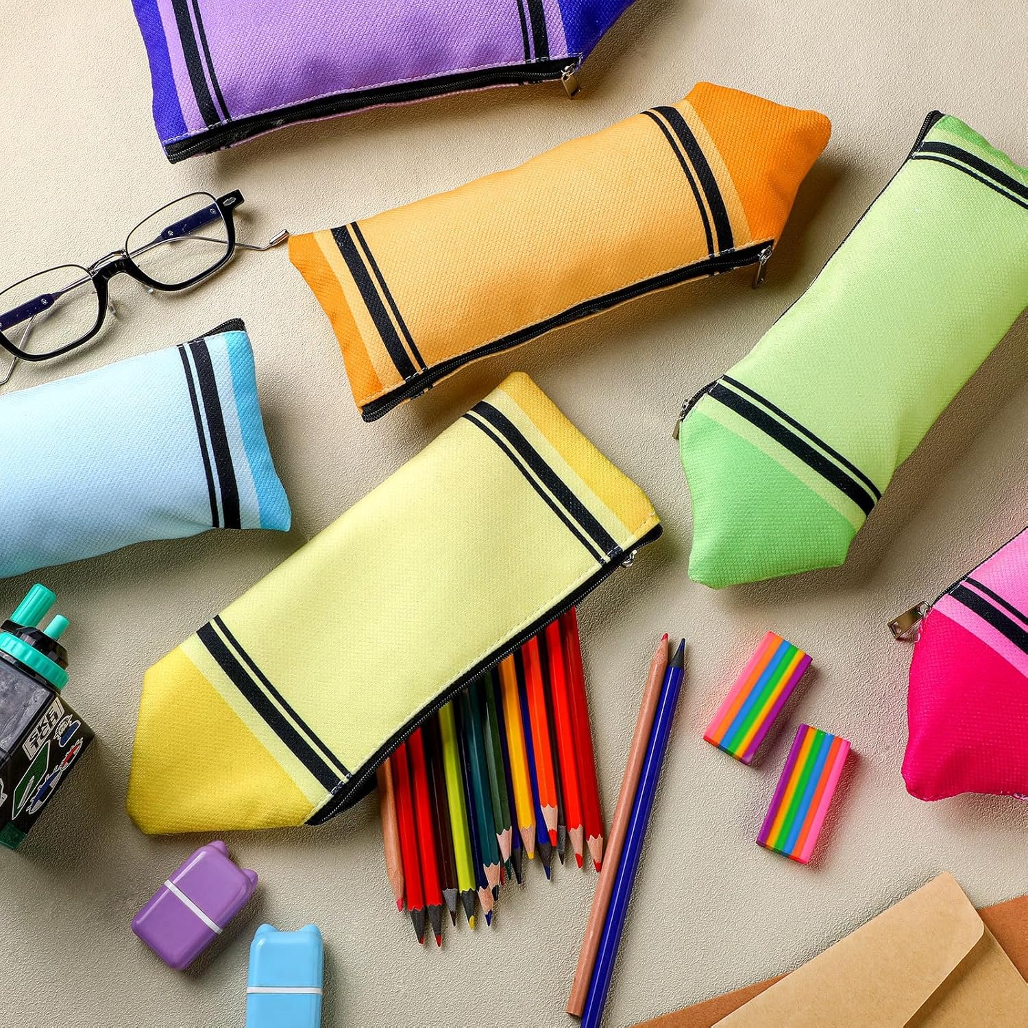 Factory 6 Pcs Bulk Colorful Kawaii Cute Crayon Shaped Pencil Pouches with Zipper Private Label Aesthetic Organizers Custom Logo for Office Supplies