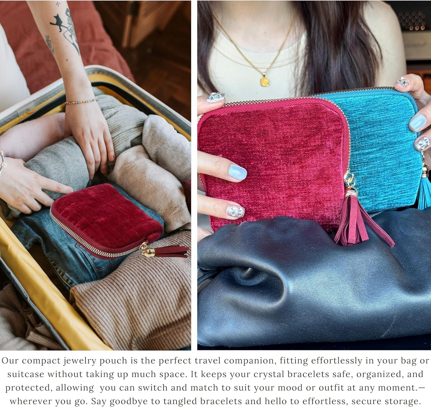 Private Label 2026 Travel Jewelry Case Organizer Portable Pouch for Rings Crystal Bracelets Bangles with Tassel Zipper Custom Logo Valentines Day Gifts for Women Wine Red Supplier