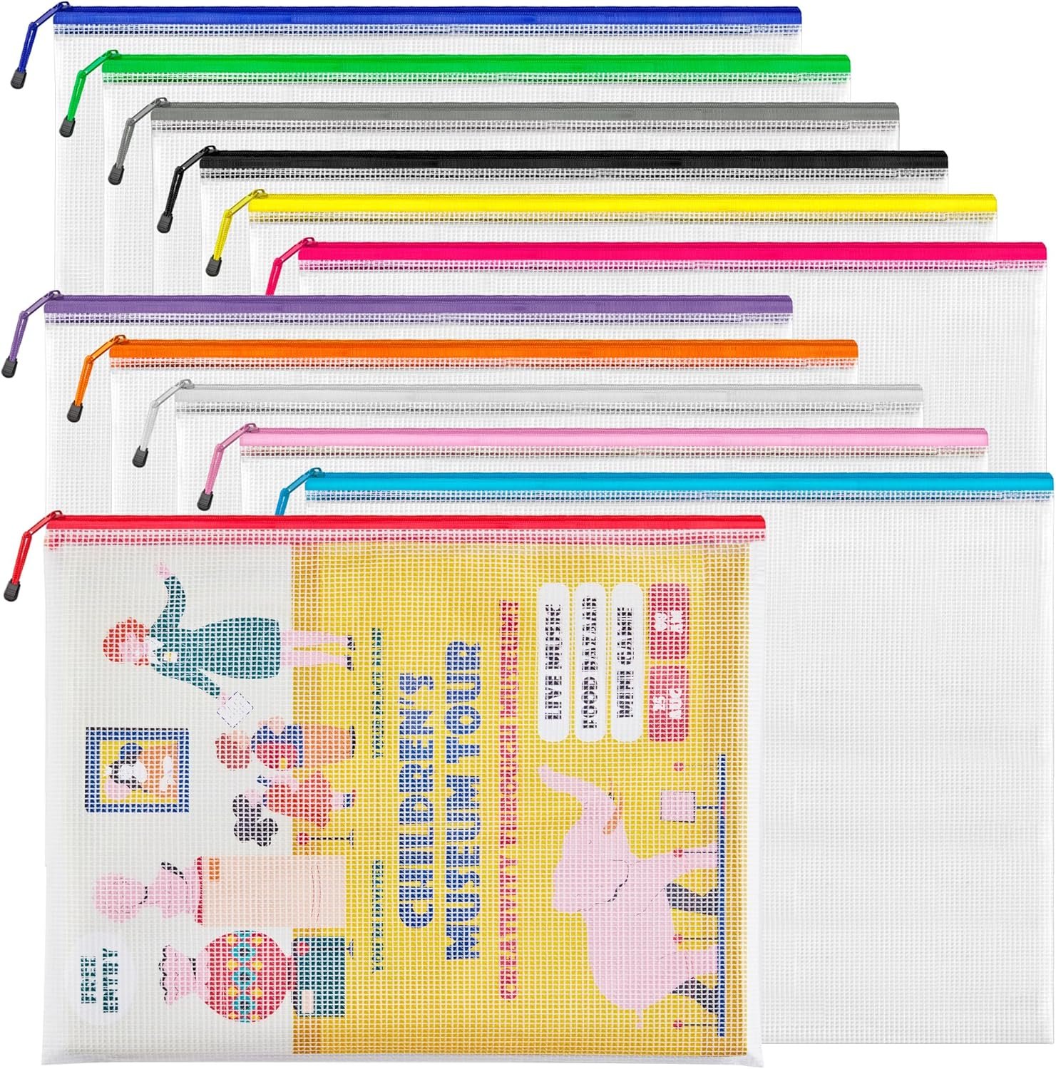 Private Label A3 (16.5x12.6 in, 12 Pcs) Extra Large Mesh Zipper Pouches 12 Colors Waterproof File Bags with Custom Logo for Office Supplies Puzzles Board Games School Travel Accessories & Craft Projects Manufacturer