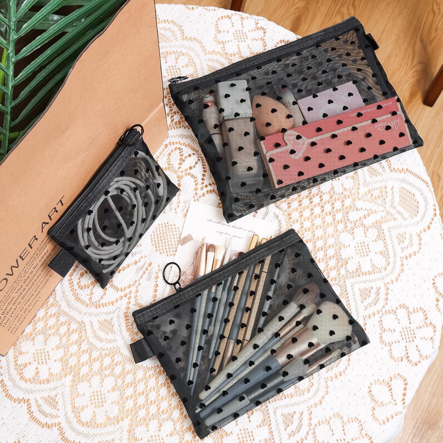 Custom Logo 6-Piece Heart Printed Mesh Makeup Bag Set - Private Label Small Pouches for Purse - Black Makeup Bag Manufacturer