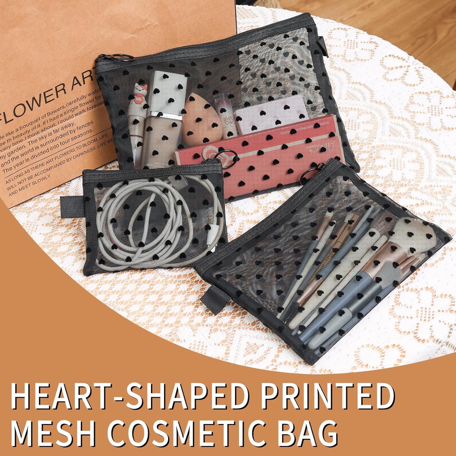 Custom Logo 6-Piece Heart Printed Mesh Makeup Bag Set - Private Label Small Pouches for Purse - Black Makeup Bag Manufacturer