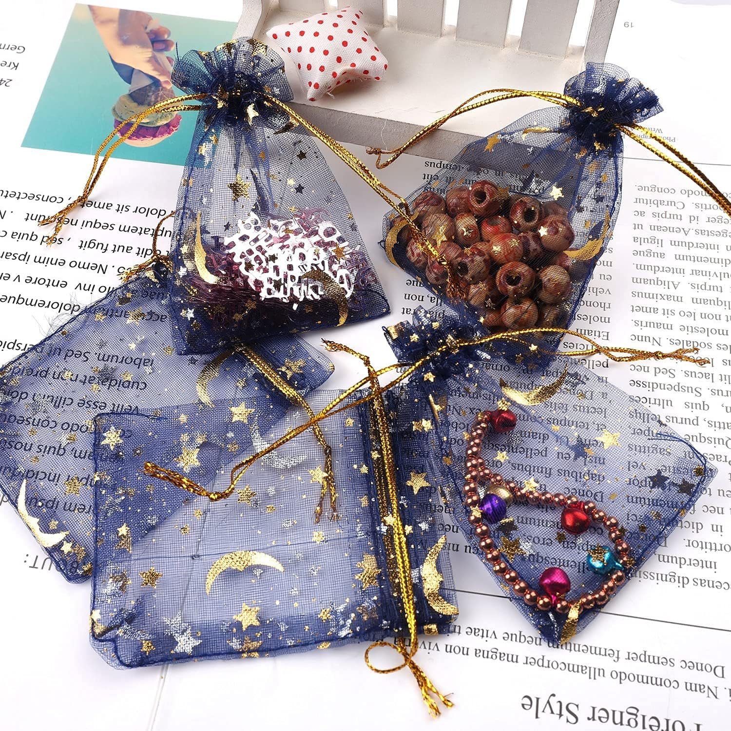 Custom Logo 100 Pieces 2.7x3.5 Inch Moon Star Organza Jewelry Candy Private Label Favor Bags Random Color Drawstring Pouches for Wedding Birthday Easter Party Manufacturer