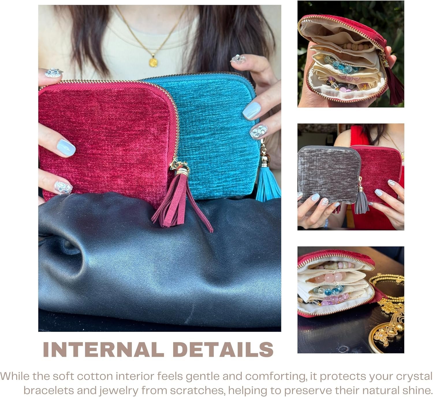 Private Label 2026 Travel Jewelry Case Organizer Portable Pouch for Rings Crystal Bracelets Bangles with Tassel Zipper Custom Logo Valentines Day Gifts for Women Wine Red Supplier