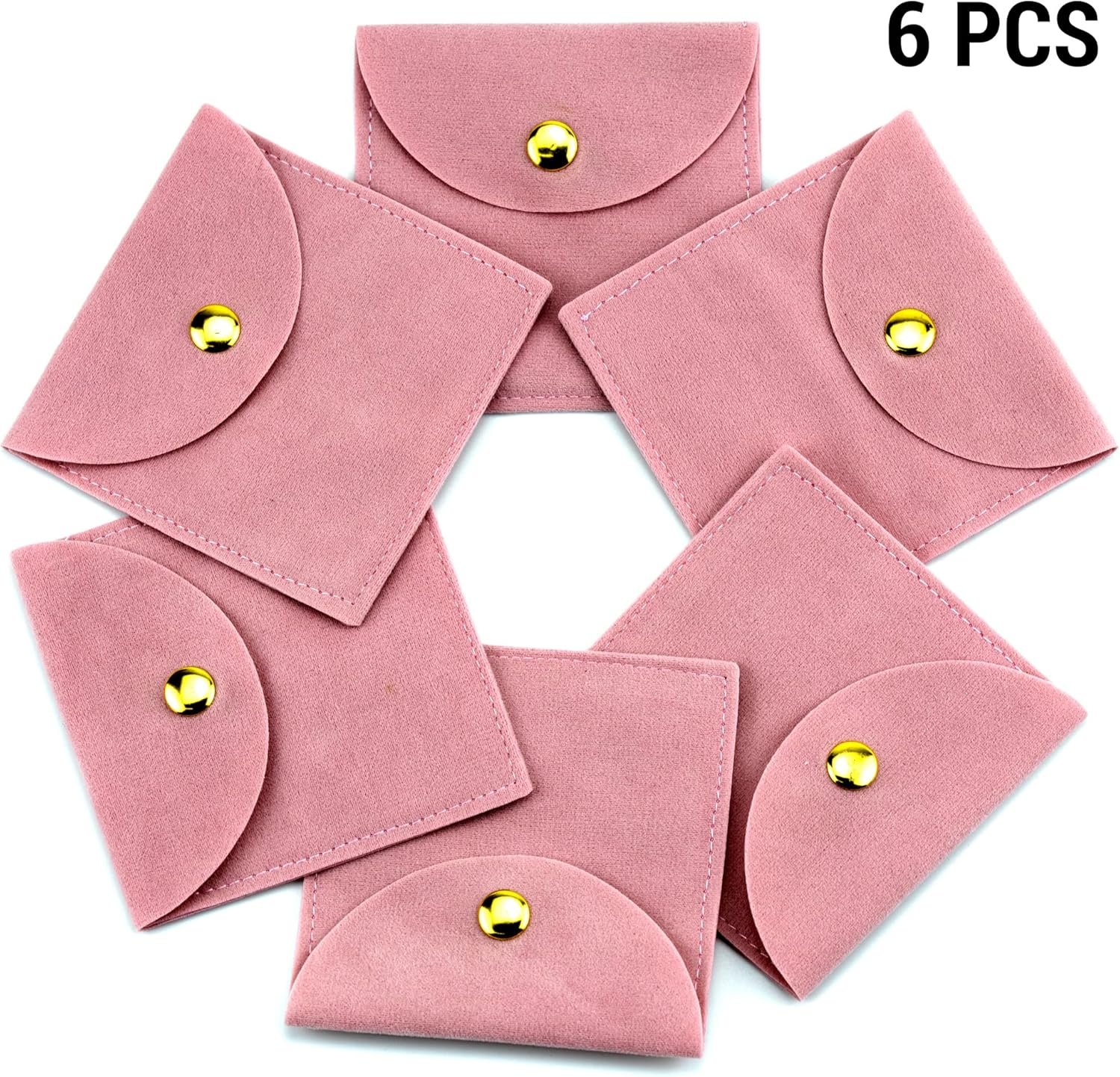 Private Label 6 Pcs Pink Microsuede Velvet Jewelry Pouch Bags with Snap Button Custom Logo Luxury Small Storage Manufacturer for Necklaces Bracelets Rings Earrings Watches Coins