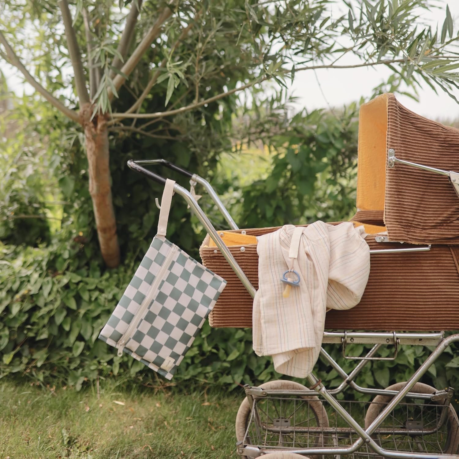 Private Label Water Resistant Wet Bags | Large & Small Reusable Storage Bag for Baby Items and Travel | Custom Logo Zippered Pockets with Handle | Machine Washable Set of 2 from Manufacturer (Olive Check)