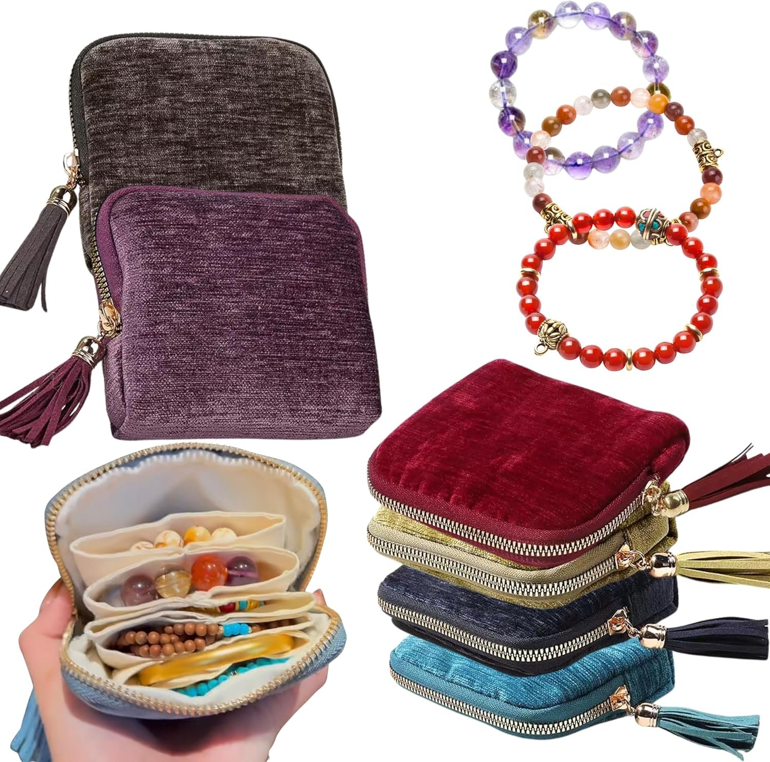 Private Label 2026 Travel Jewelry Case Organizer Portable Pouch for Rings Crystal Bracelets Bangles with Tassel Zipper Custom Logo Valentines Day Gifts for Women Wine Red Supplier