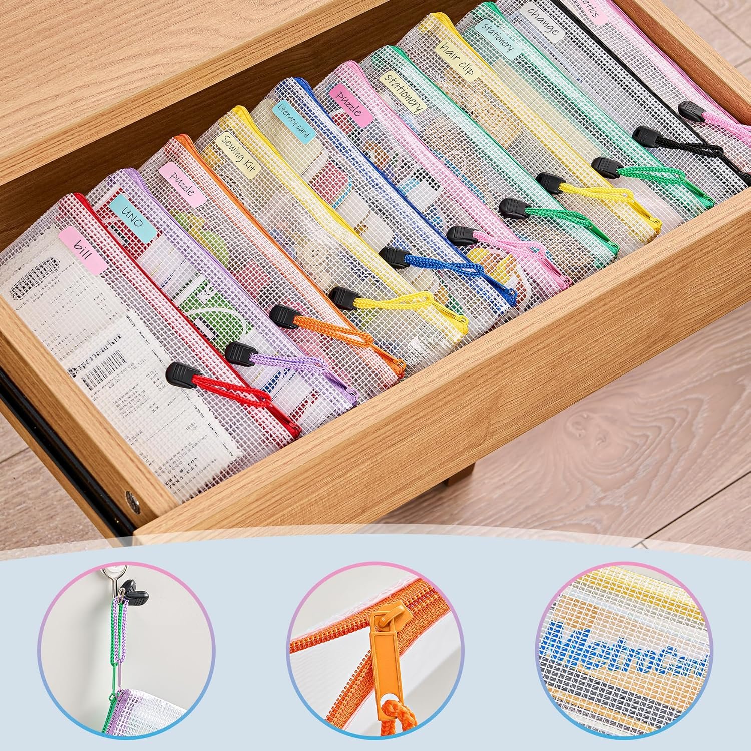 Private Label 24 Pack A6 (9.3 × 4.0 in) Waterproof Mesh Zipper Pouch Bags Custom Logo for School Supplies Cash Cosmetics Travel Organization Factory 8 Colors