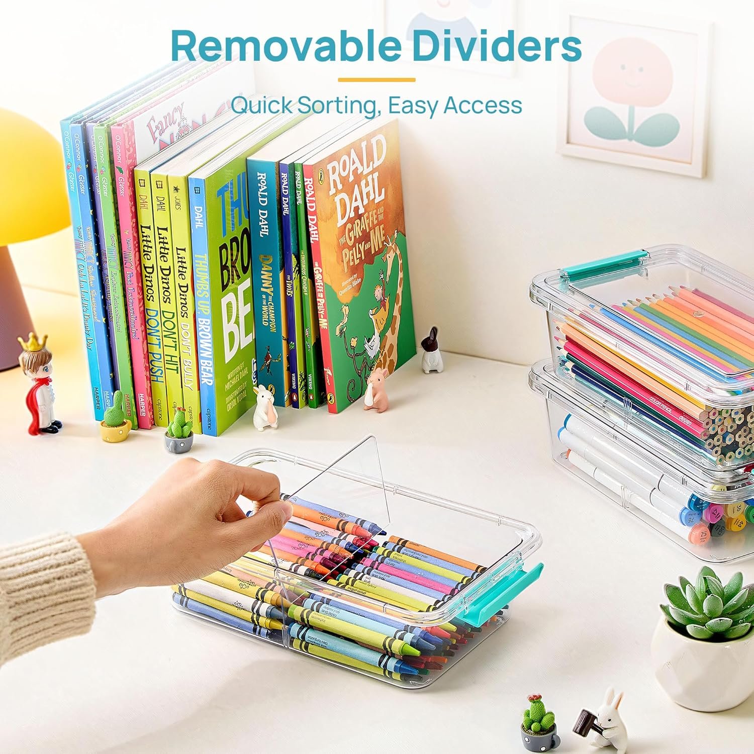 Private Label 8 Pack 1.5Qt Clear Plastic Pencil Box with Removable Divider, Custom Logo Pencil Holder for Pen Organizer, Small Stackable Containers with Lid from Supplier for Art Craft Sticker Scrapbook Office Supplies