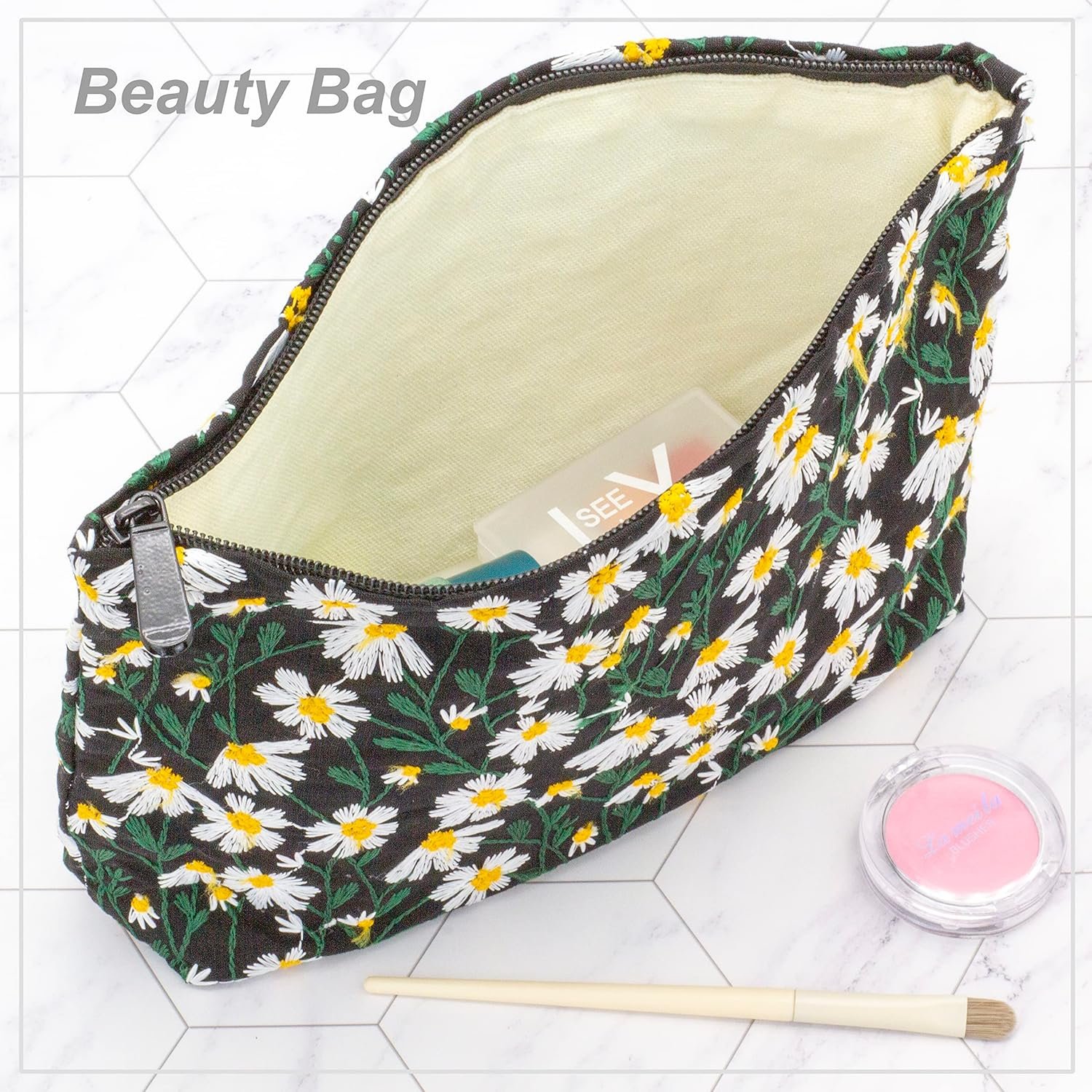 Private Label Large Canvas Makeup Bags Zipper Cosmetic Travel Pouch Custom Logo Organizer Manufacturer for Women and Girls Daisy Black