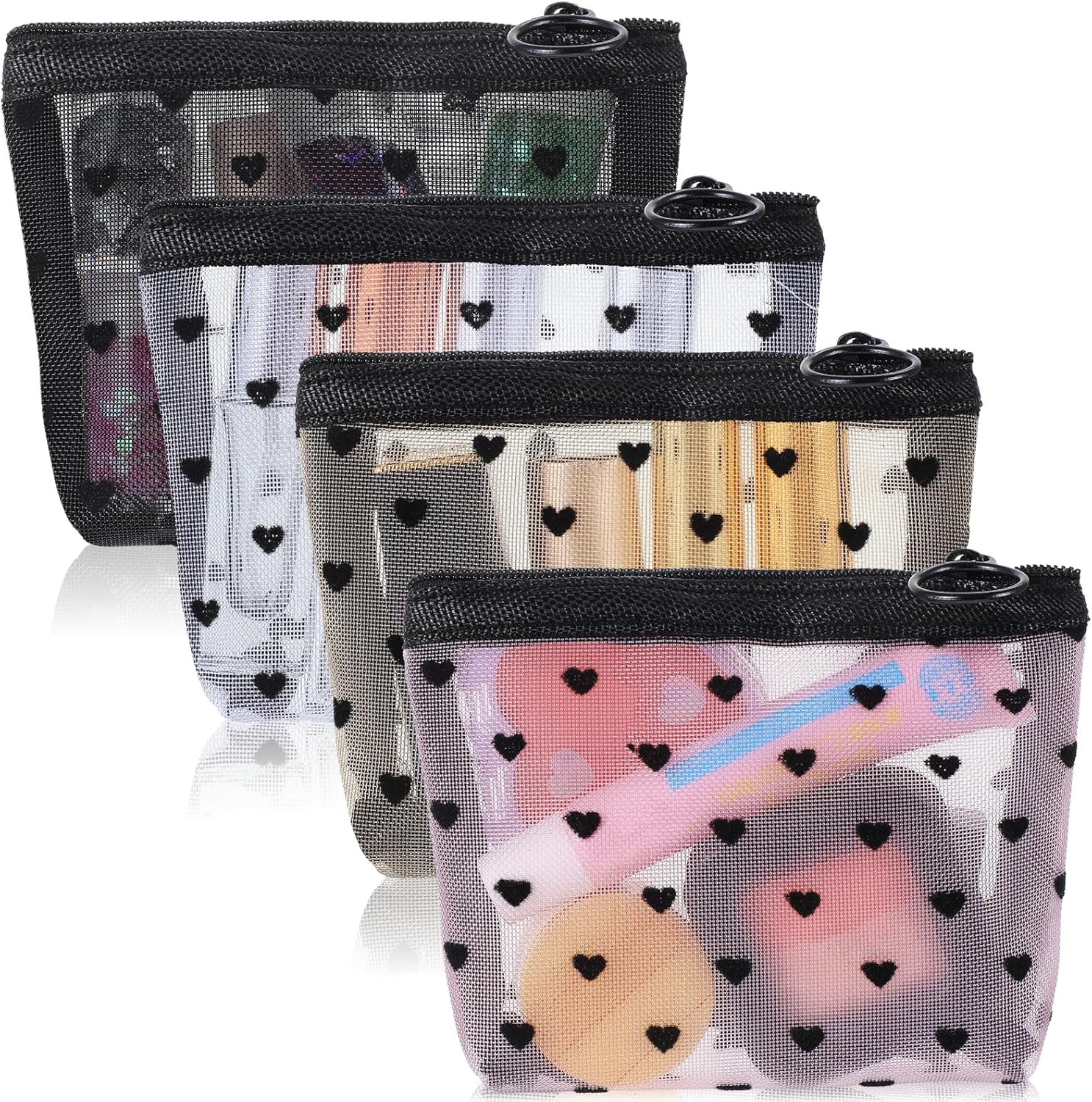 Factory 4pcs Heart Print Mini Mesh Zipper Pouches Private Label Grid Cosmetic Bags Custom Logo Small Makeup Storage for Travel Pink Beige Black White