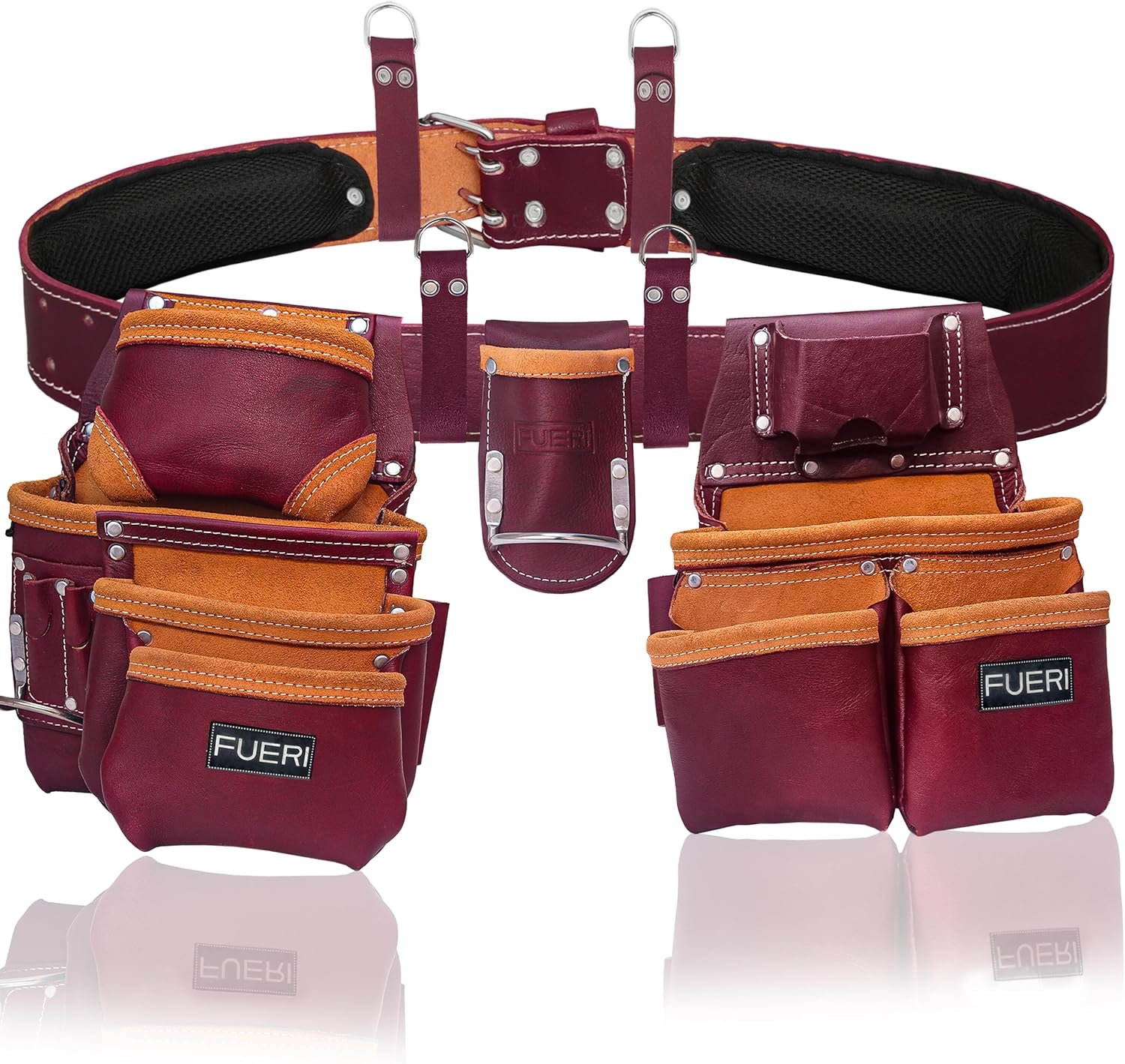 Private Label Heavy-Duty Leather Tool Belts for Men Carpenter Tool Rig Organizer With 19 Pockets-2 Pouches From Supplier Double Hammer Holder Suspender Loops Foam-Padded Belt for Framers Electricians Custom Logo