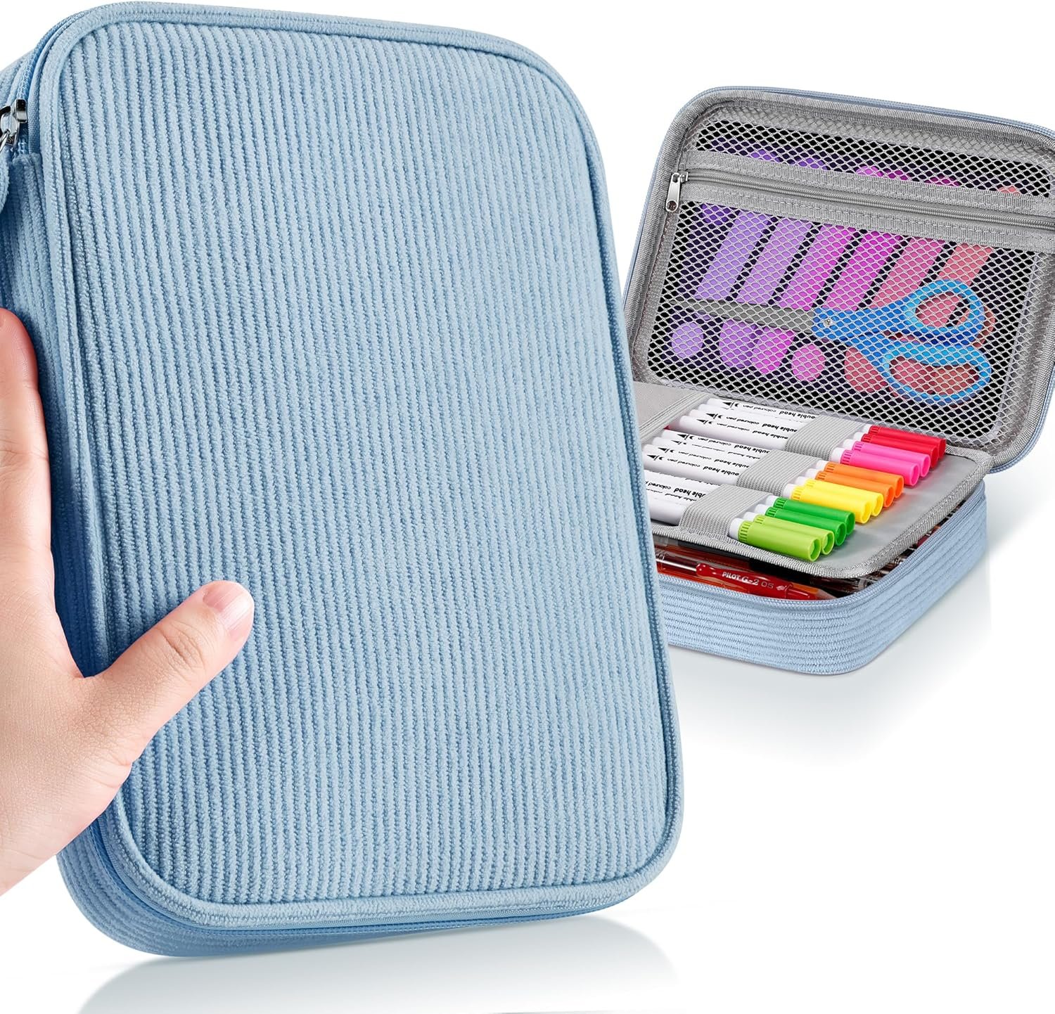 Custom Logo Large Capacity Pencil Pouch Organizer | Private Label Soft Corduroy Pencil Box for Girls Boys Teens | Big Pen Bag Manufacturer with Multiple Zipper Pockets - Pencil Case Storage for Art Supplies & Stationery-Blue