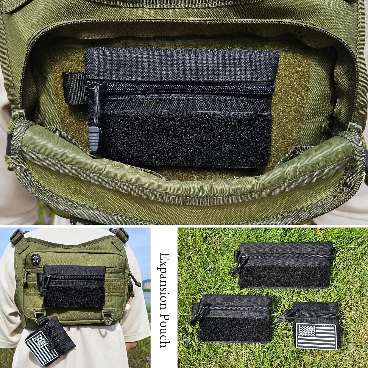 Private Label 3 Pieces Mini Tactical Tool Zipper Pouch with US Patches D-Ring Clips Manufacturer Expansion EDC Organizer Bag Insert Utility Storage Hook Fasteners for Vest Backpack Custom Logo