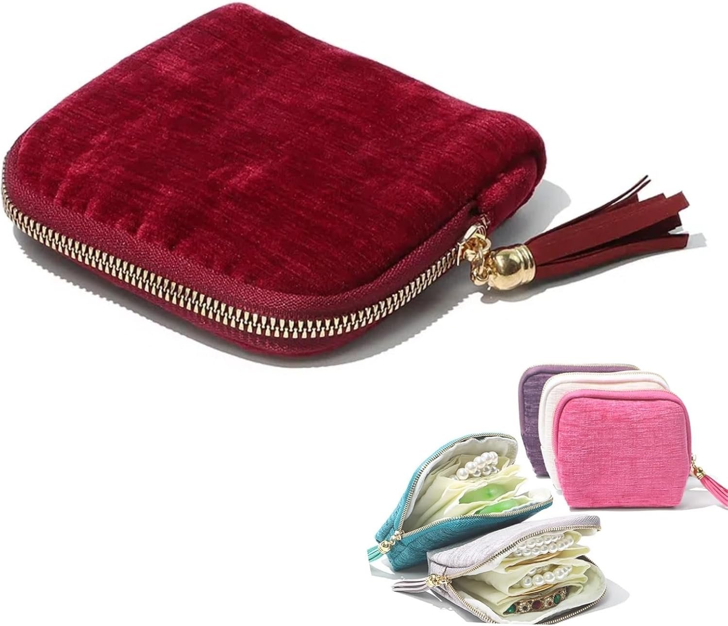 Custom Logo Small Travel Jewelry Organizer Case with Zipper Tassel Pouch Bag for Earrings Necklaces Rings Bracelets Brooches, Private Label Jewelry Storage, Manufacturer Gifts for Women