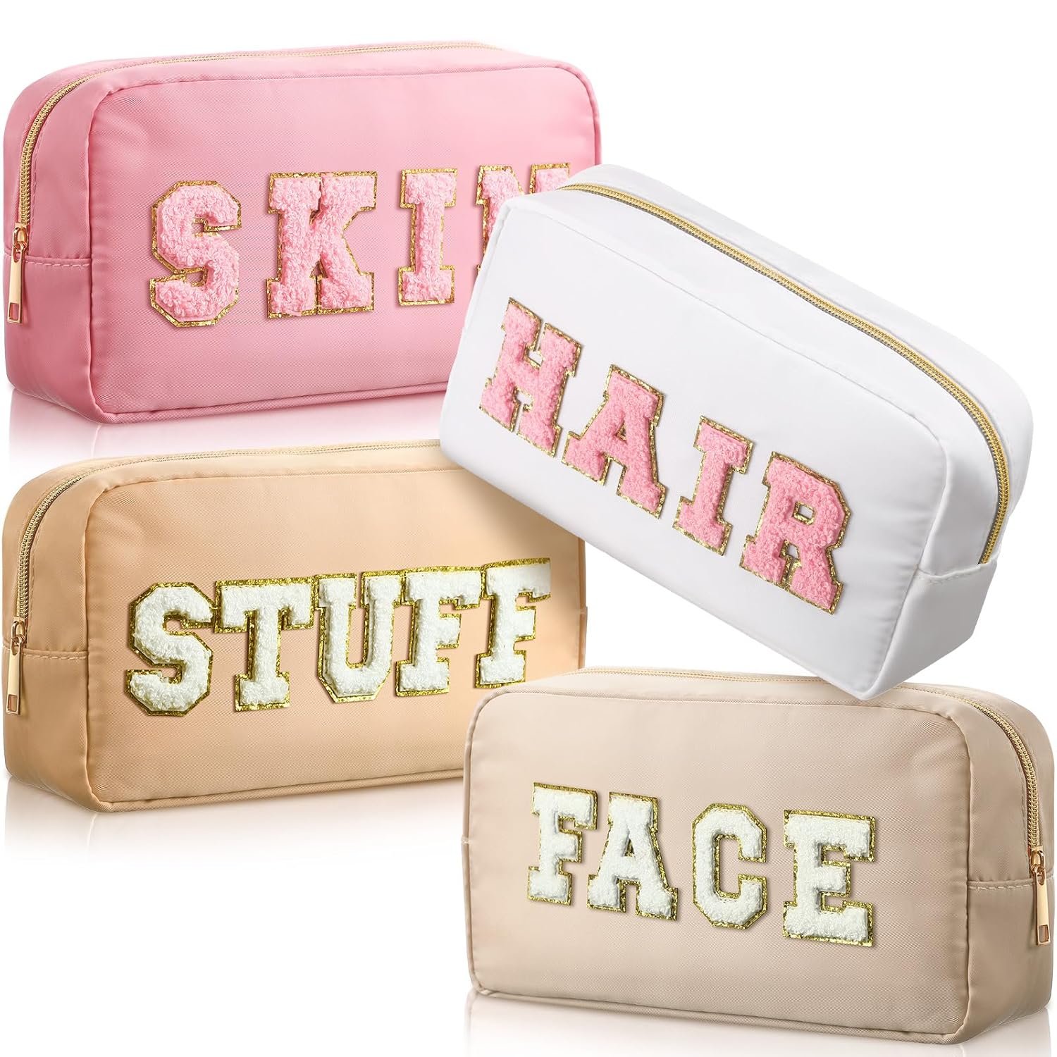 Factory 4PCS Waterproof Nylon Cosmetic Bags Custom Logo Spacious Travel Makeup Organizer for Women Chenille Letter Preppy Zipper Pouch Face Skin Hair Private Label Gift Light Brown/Beige/Light Pink/White