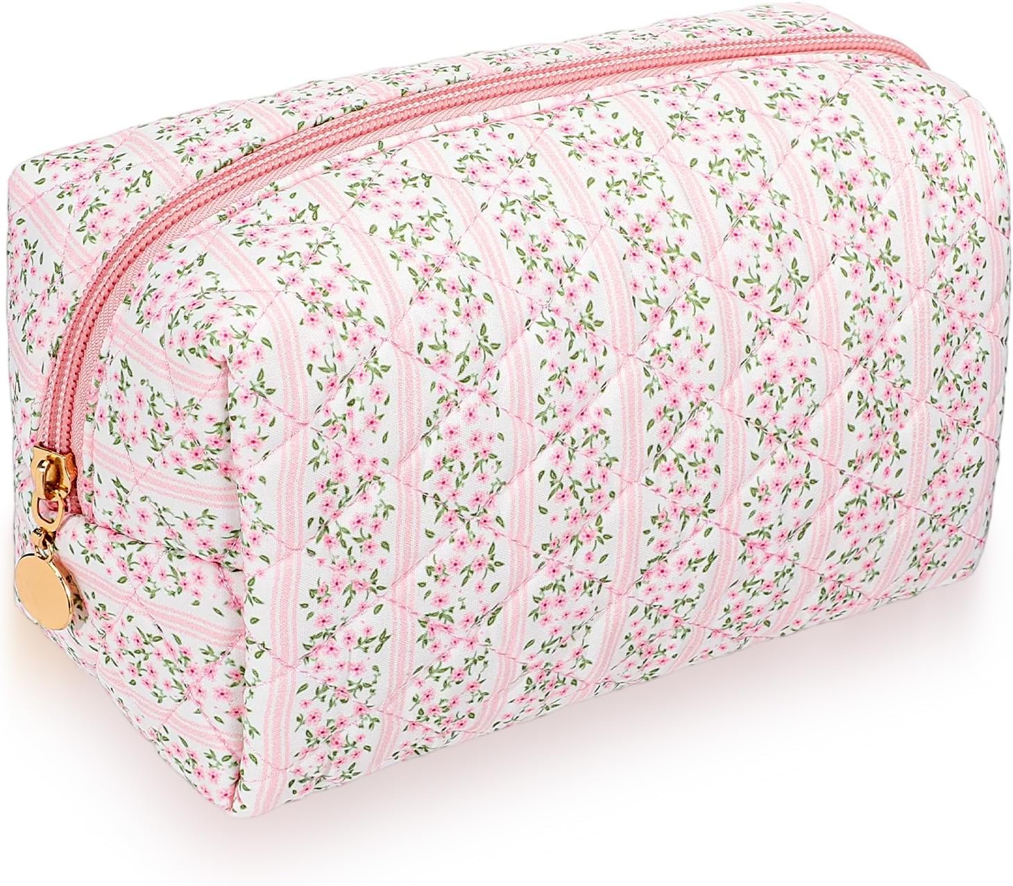 Private Label Quilted Pink Floral Makeup Bag for Women Aesthetic Portable Custom Logo Travel Cosmetic Zipper Toiletry Pouch Manufacturer