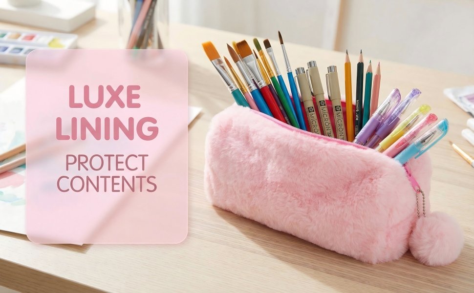 Private Label Cute Fluffy Faux Fur Pink Pencil Pouch Bag Pen Case, Soft Plush Organizer with Zipper Pom Pom Charm and Custom Logo, Kawaii Stationery Manufacturer for Girls