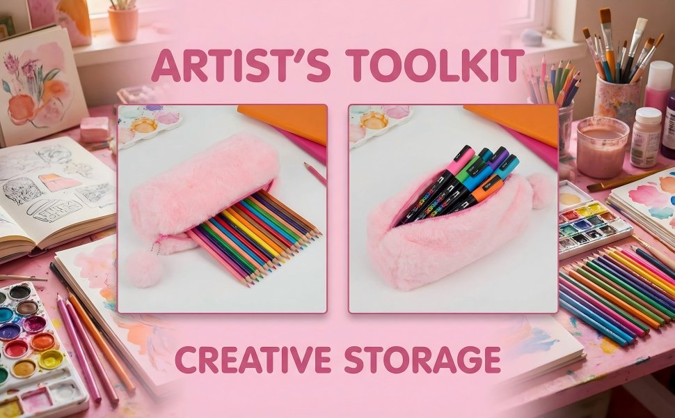 Private Label Cute Fluffy Faux Fur Pink Pencil Pouch Bag Pen Case, Soft Plush Organizer with Zipper Pom Pom Charm and Custom Logo, Kawaii Stationery Manufacturer for Girls