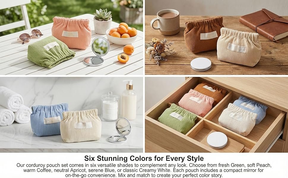 Custom Logo 7-IN-1 Corduroy Makeup Bag Set (6 Bags + 1 Mirror) Squeeze-to-Open Private Label Mini Pouch for Purse No-Zipper Cosmetic Bag for Hair Ties Lipsticks Aesthetic Travel Organizer for Women Manufacturer